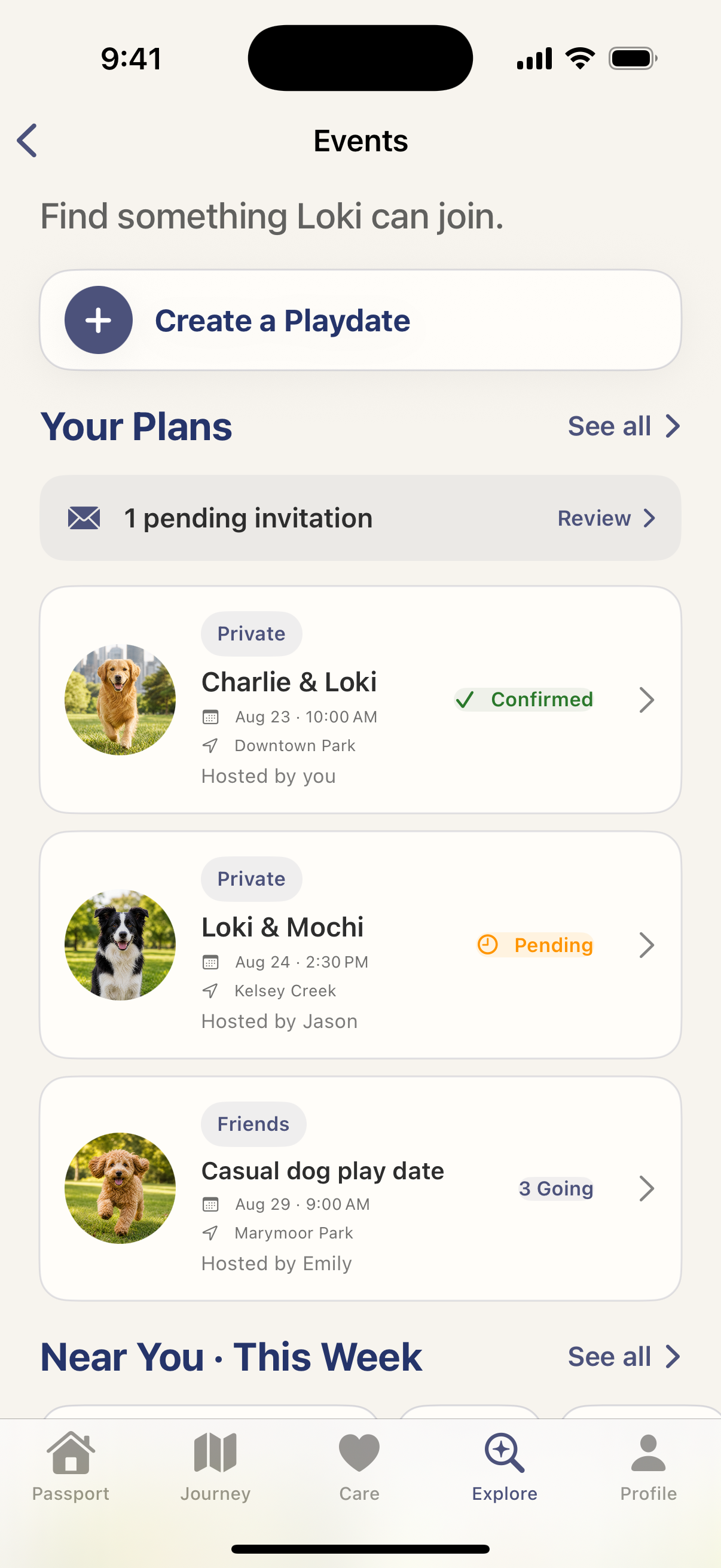 Current Pawspods Events screen showing Loki’s playdate plans