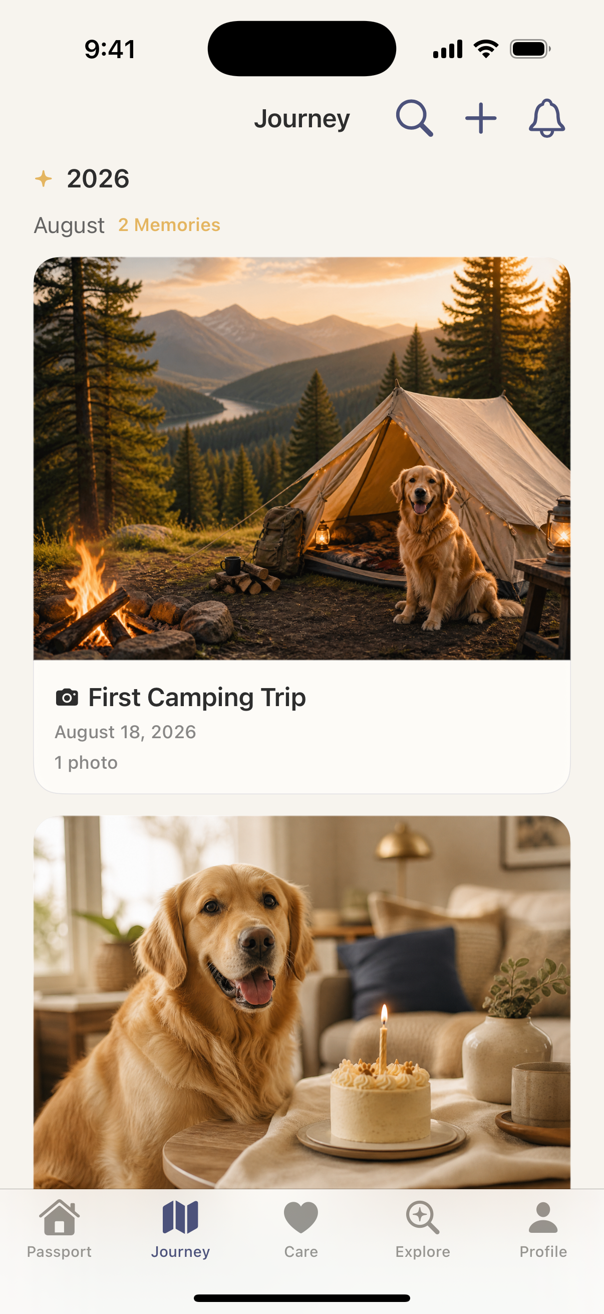 Current Pawspods Journey screen showing Loki’s First Camping Trip and birthday memories