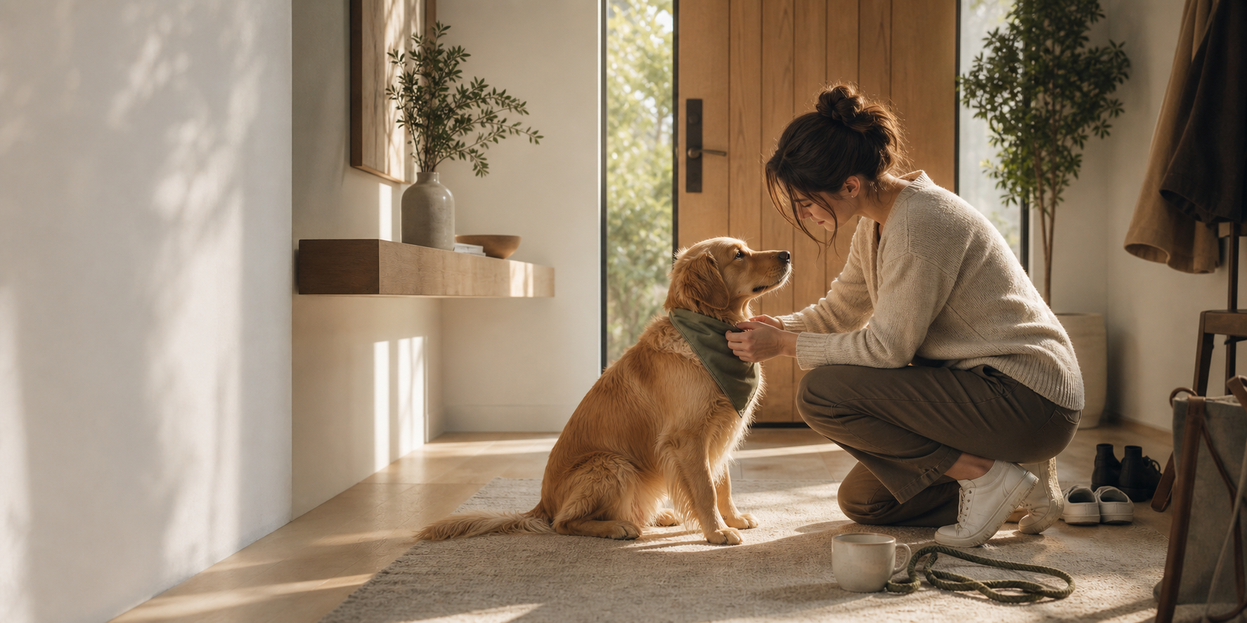 Pet parent sharing a quiet moment with a dog at home